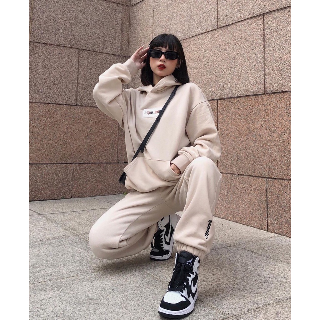 Set Áo Hoodie Quần Nỉ Nữ Màu Be Form Rộng Chất Vải Dày Dặn Ấm, Set Áo Quần Hoodie Oversize