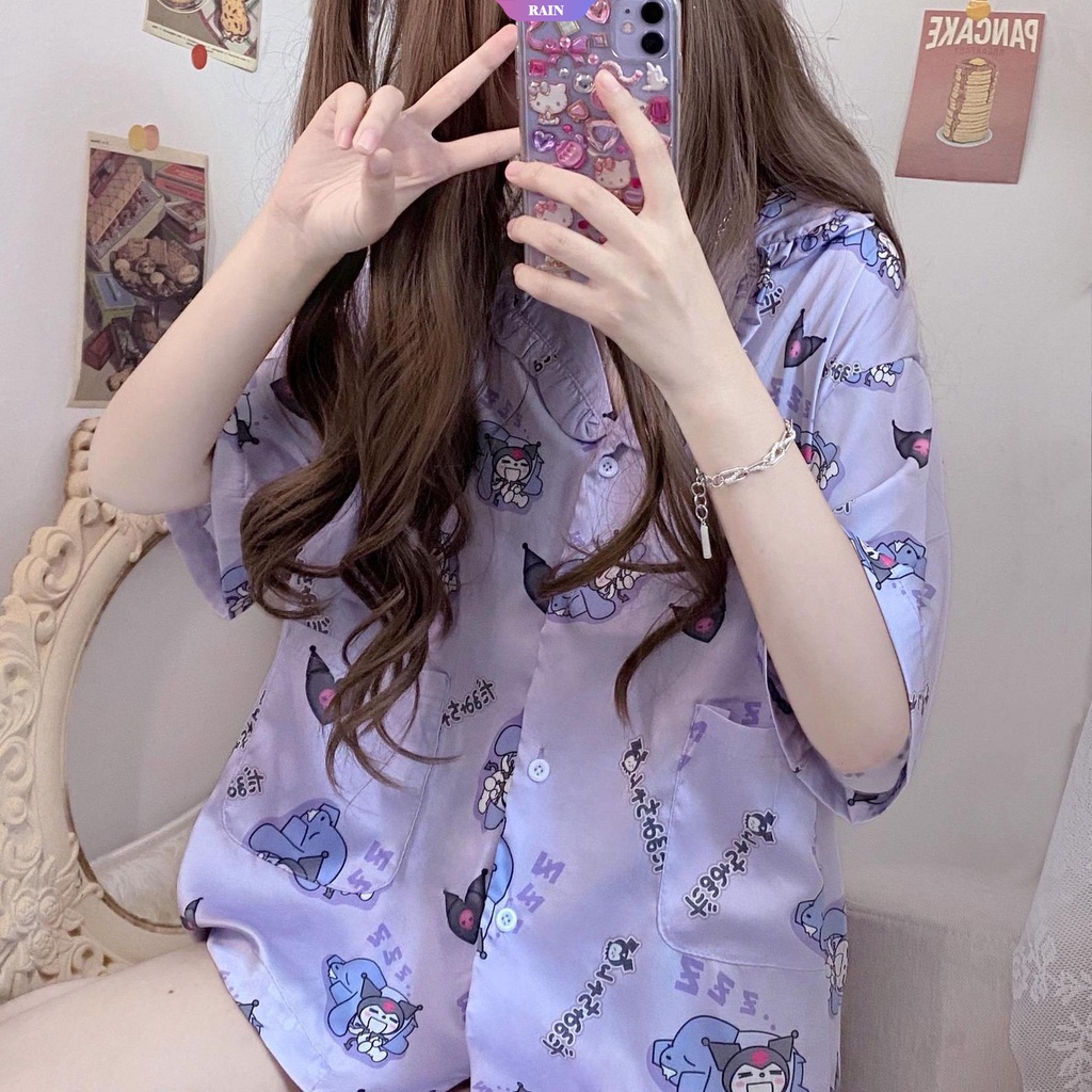 SANRIO Bộ Đồ Ngủ Cotton Tay Ngắn Dáng Rộng In Họa Tiết Hoạt Hình Dễ Thương Thời Trang Mùa Hè Cho Nữ