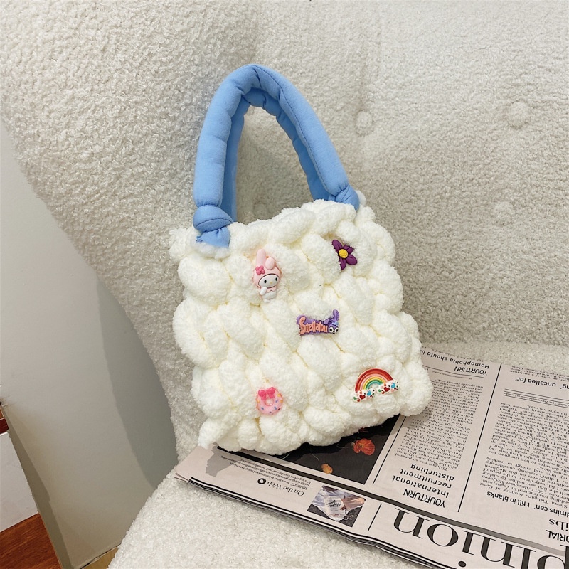 Túi Đeo Chéo Cotton Dệt Tay Hình Gấu/Dâu/Đám Mây Màu Trơn Đơn Giản Thời Trang Thu Đông