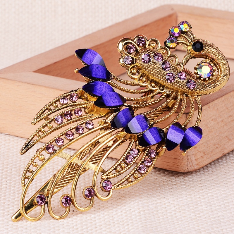 Kẹp Tóc Hình Con Công Đính Đá Phong Cách Retro