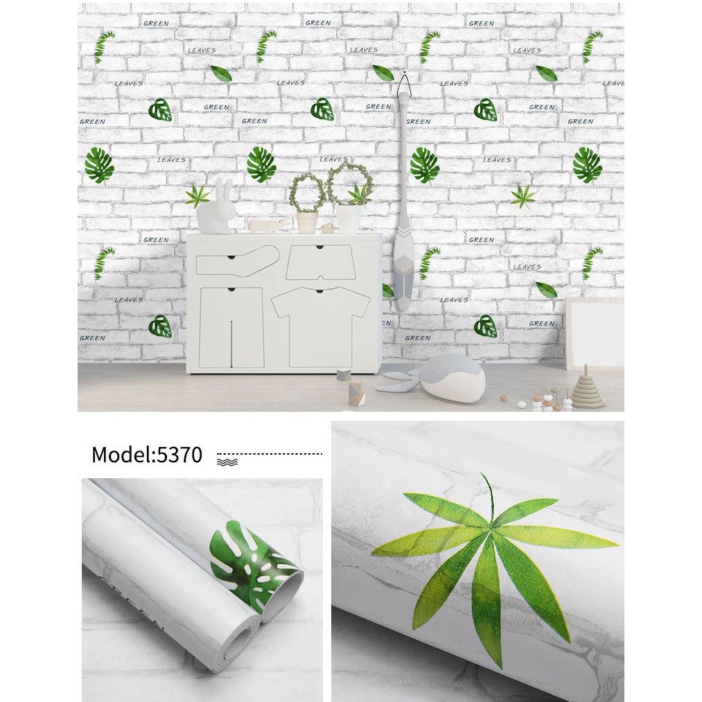 XẢ 10m Giấy dán tường Gạch trắng lá xanh có sẵn keo khổ rộng 45cm
