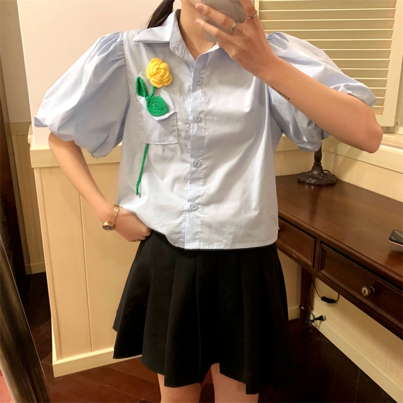 Áo Sơ Mi Tay Ngắn Phồng Họa Tiết Hoa Thời Trang Pháp Hàng Mới Cho Nữ