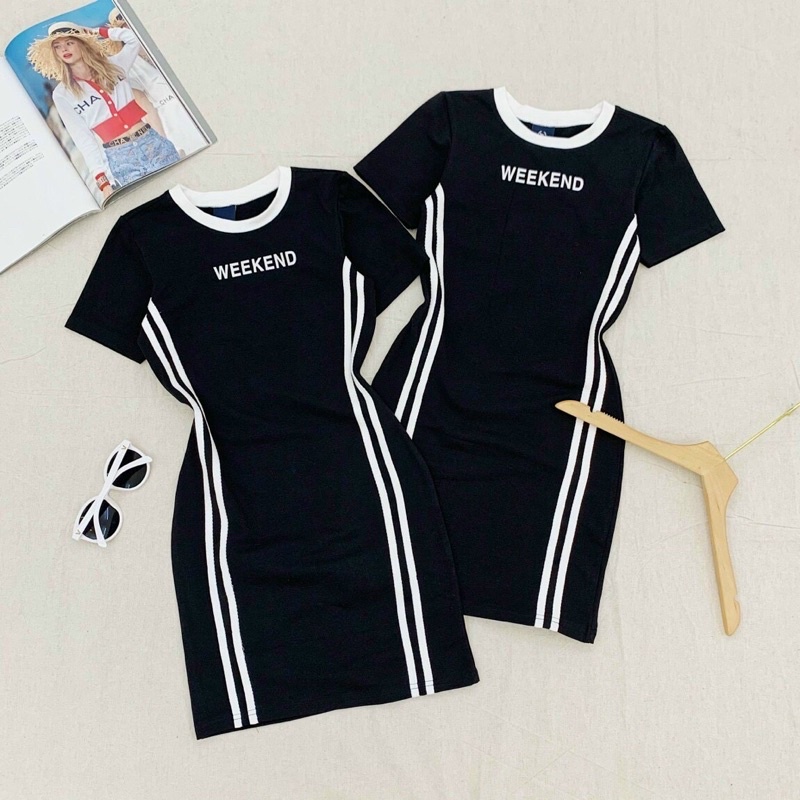 Váy body cổ tròn kẻ sọc WEEKEND