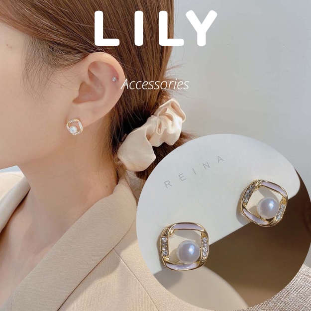 Khuyên Tai Nữ Dáng Vuông Vặn Thừng Đính Ngọc Trai Nhân Tạo LILY V3.18