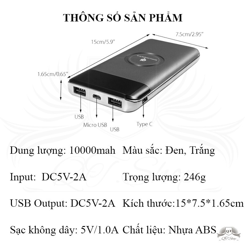 Sạc Dự Phòng Không Dây 10000mah - Sạc dự phòng tích hợp sạc không dây -  QT