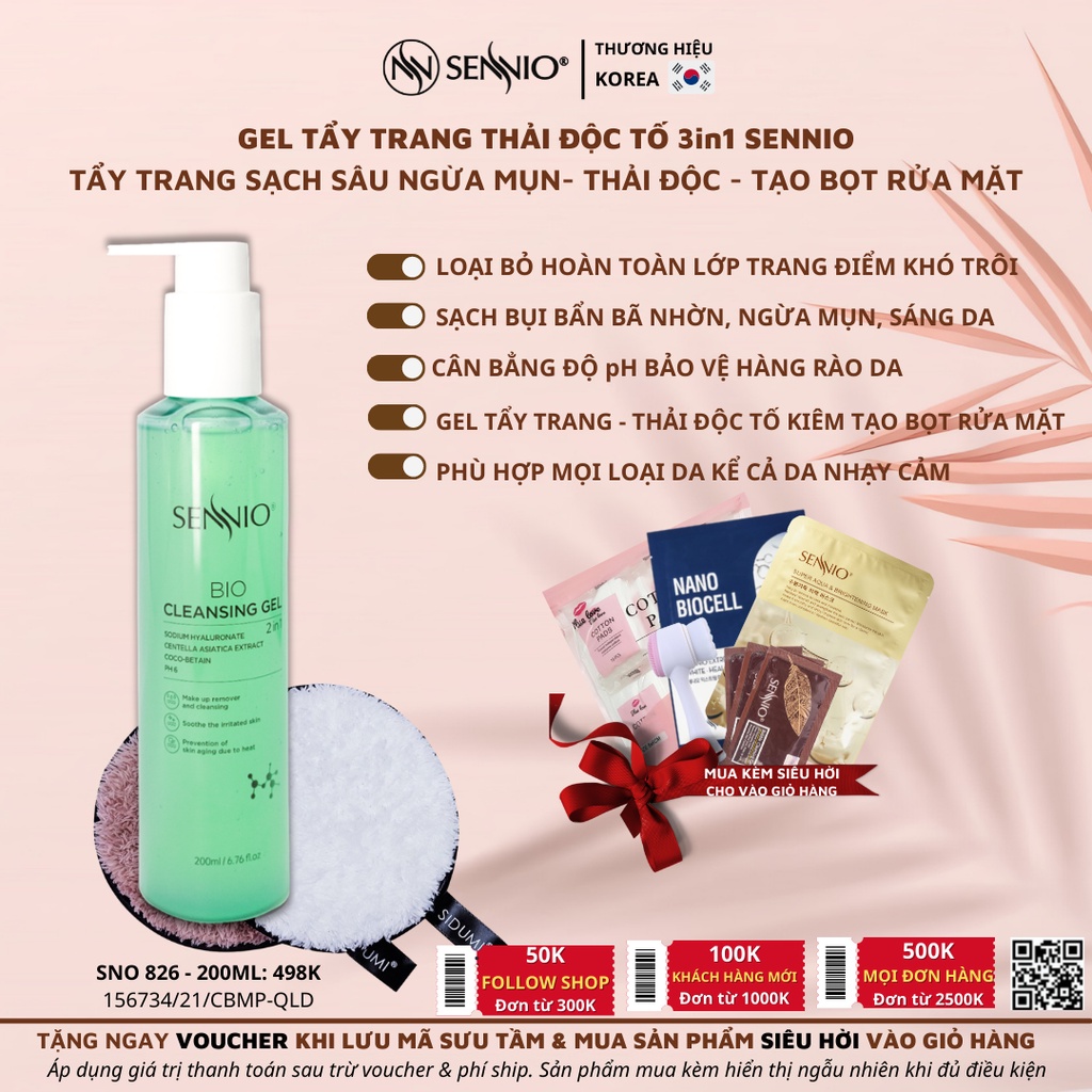 Gel tẩy trang thải độc tố, rửa mặt 2in1 sạch sâu bảo vệ hàng rào da, cân bằng pH Sennio 200ml Bio Gel Cleanser