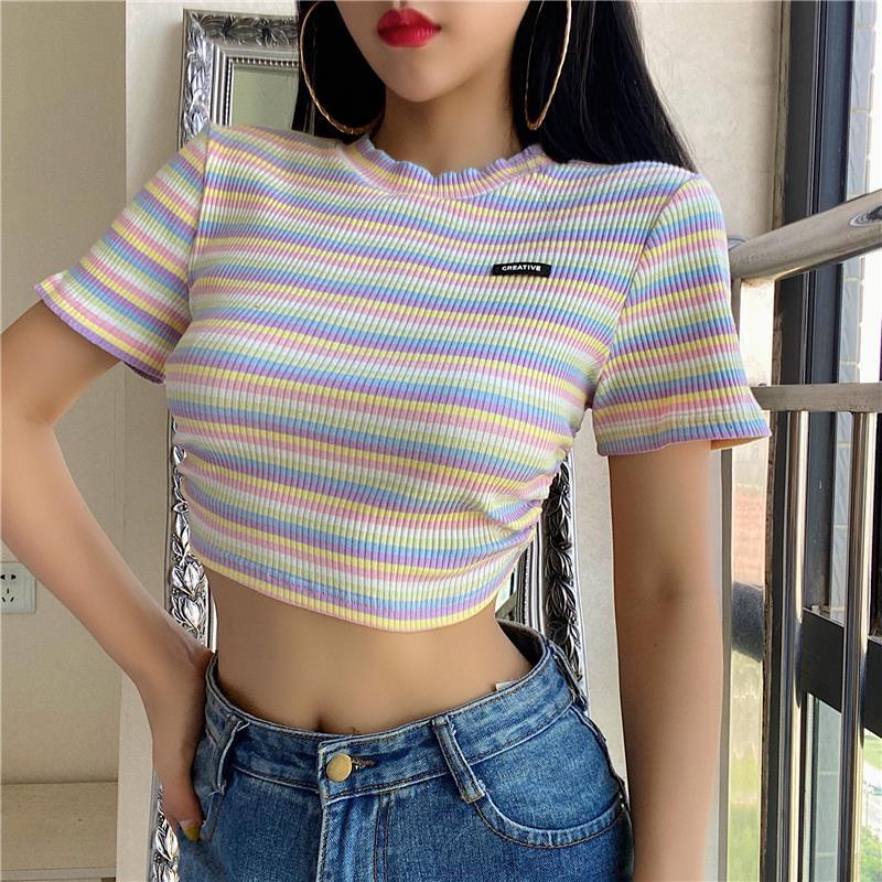 COZOK Áo Thun Croptop Tay Ngắn Hoạ Tiết Kẻ Sọc Thiết Kế Hở Lưng Quyến Rũ