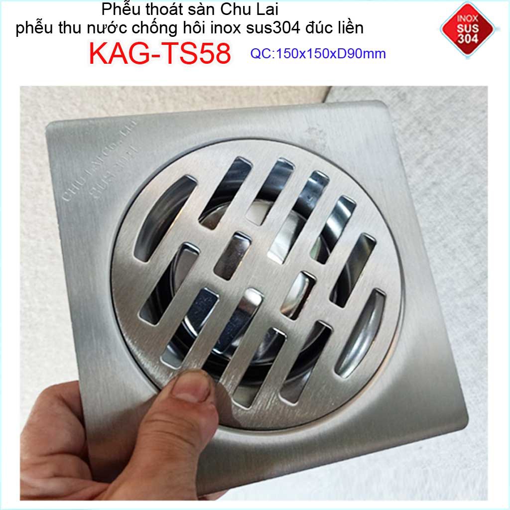 Phễu thoát sàn Chu Lai 15x15cm KAG-TS58-D90, Hố ga Thoát sàn chống hôi ống 9cm inox 304 đúc dày thoát nhanh chặn tóc tốt