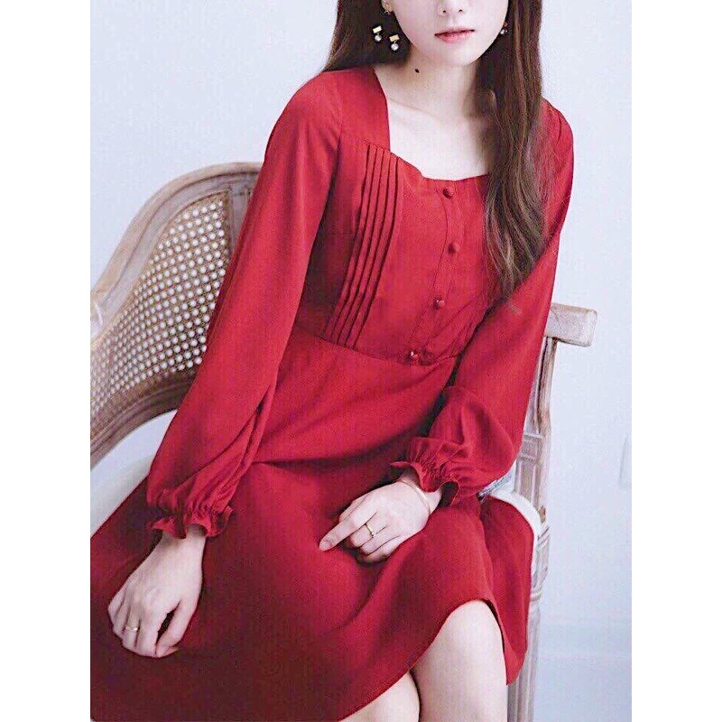 [Mã FAGREEN1505 giảm 10% tối đa 30K đơn 99K] Đầm đỏ tay dài nút bọc (kèm hình thật) | BigBuy360 - bigbuy360.vn