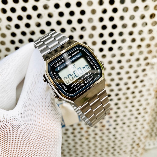 Đồng hồ điện tử nam nữ dây thép Casio A168 vintage xám chuột