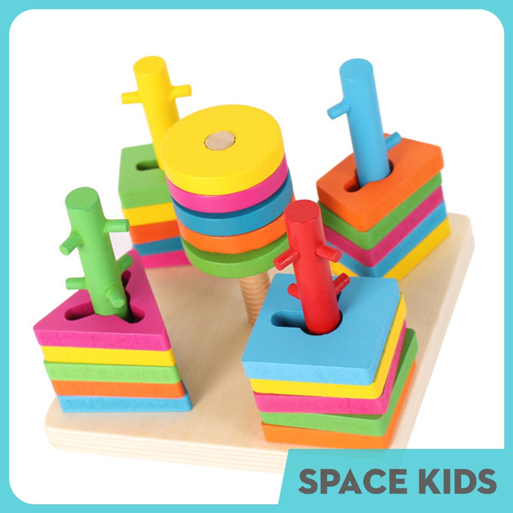 ♥ Đồ chơi gỗ thông minh tháp thả hình khối zigzag 5 cột Space Kids giúp bé rèn luyện tay ♥