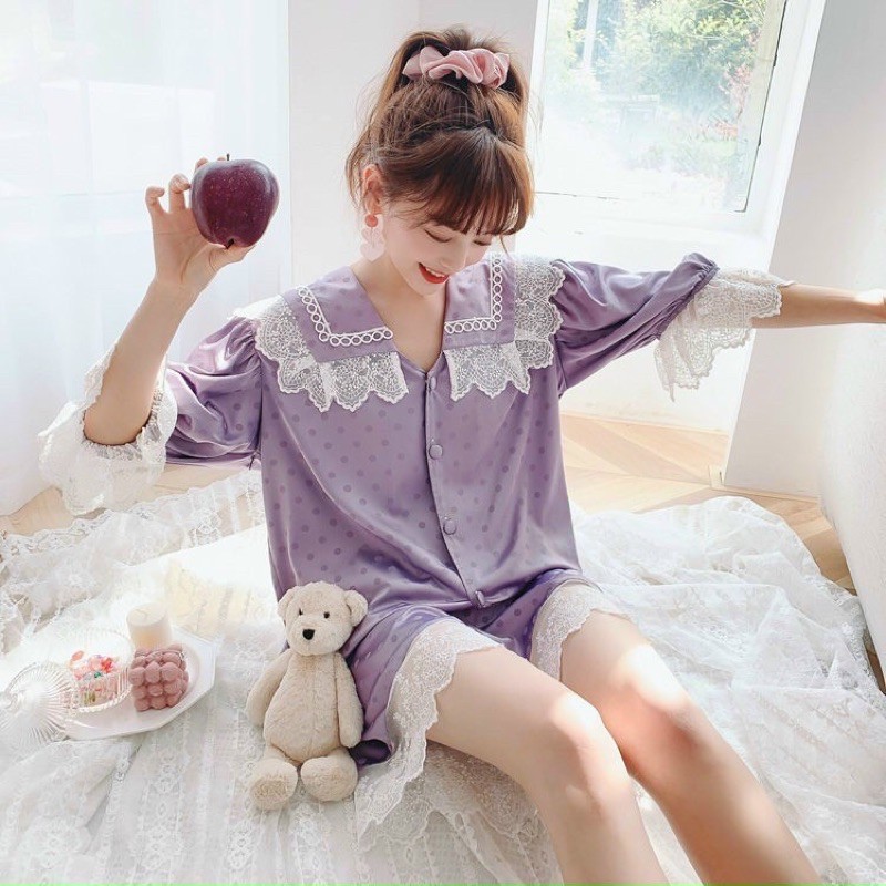 Bộ ngủ tiểu thư đùi họa tiết chấm bi lụa satin cao cấp quảng châu