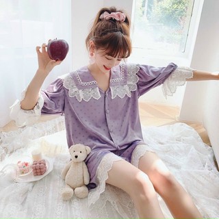Bộ ngủ tiểu thư đùi họa tiết chấm bi lụa satin cao cấp quảng châu