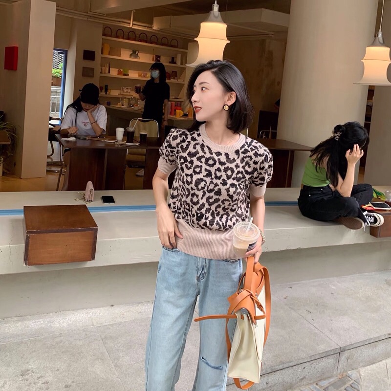 áo len dệt kim hoạ tiết da beo bo đai