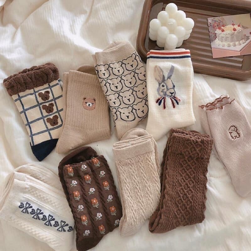 Sét 8 đôi tất nữ VINTAGE Tất nữ cổ cao vớ nữ cổ cao vải cotton co dãn tốt thêu họa tiết
