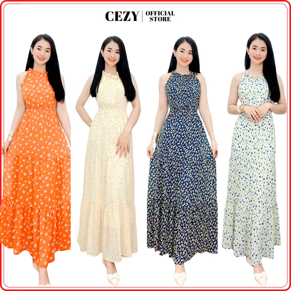 Đầm voan hoa nhí cao cấp dáng xòe dài dây thắt nơ eo có size bigsize CEZY D47