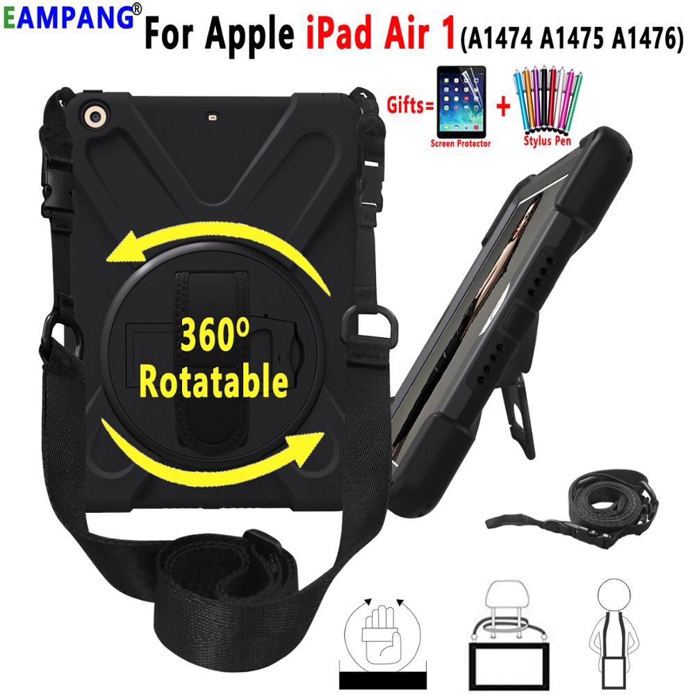 Apple iPad Air 1 Air1 9.7 A1474 A1475 A1476 Case Kids Shockproof 360 Degree Rotating Kickstand Full Cover with Shoulder Strap + Screen Protector Film + Stylus Pen