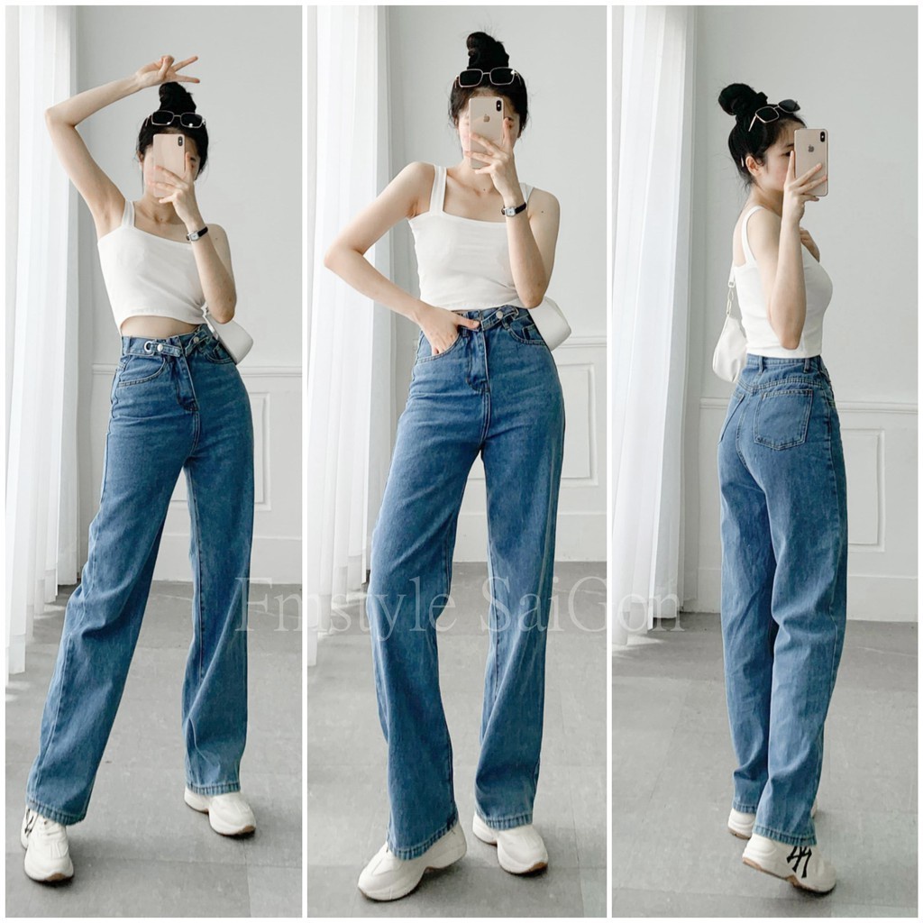 Quần jean ống rộng nữ trơn lưng cao kiểu ulzzang đi học lua tua ống thời trang hàn quốc FMstyle Saigon 21QJR05ZZ2801 - H