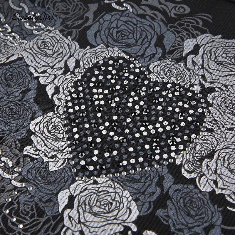 Áo Thun Tay Dài Cổ Tròn Đính Đá Họa Tiết Hoa Xinh Xắn Cho Nữ