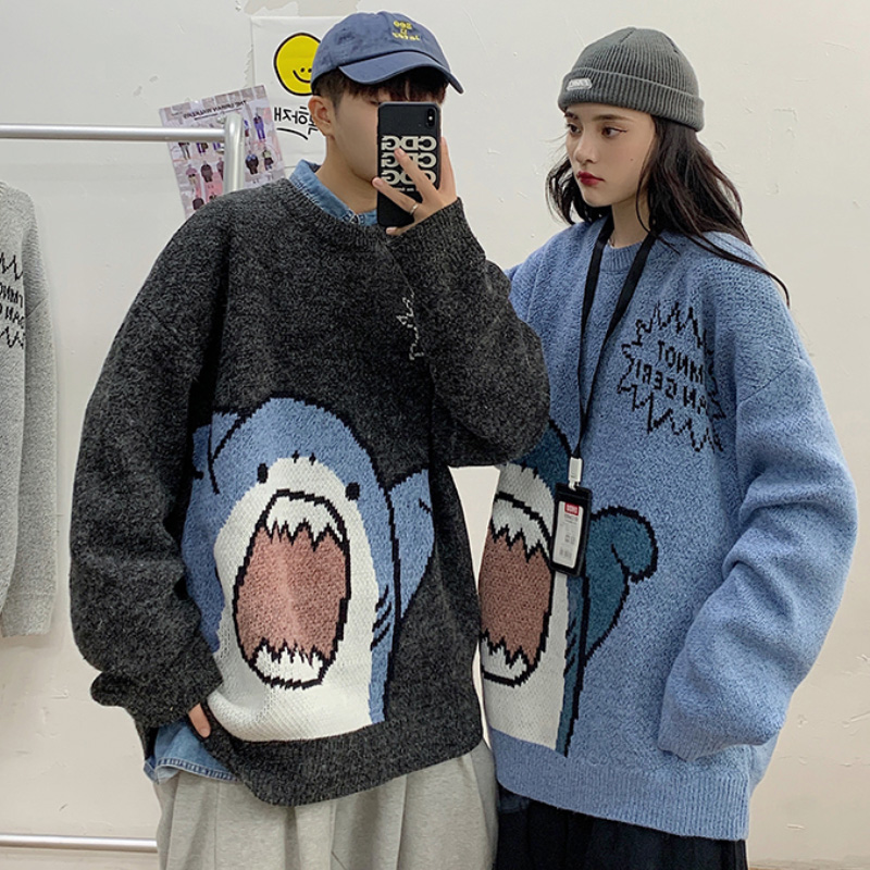 Áo Sweater Tay Dài Dáng Rộng In Hình Họa Tiết Cá Mập Thời Trang Unisex