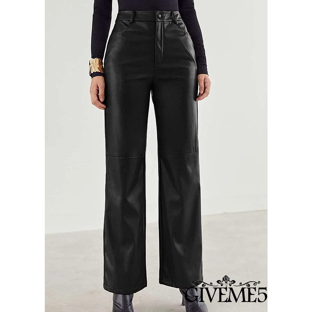 Quần bằng da lưng cao ống đứng màu trơn thời trang sang trọng cho nữ