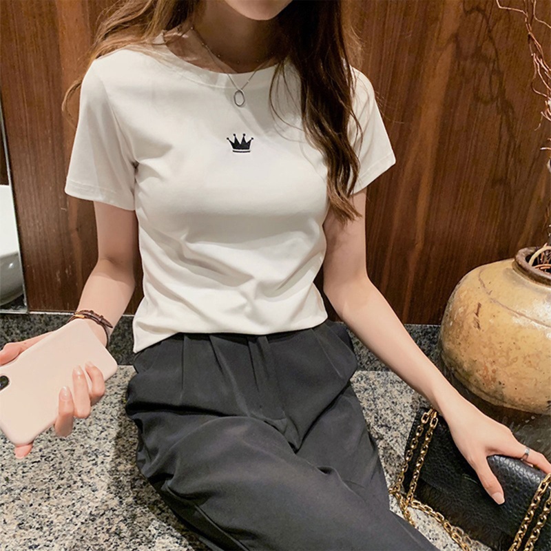 Áo Thun Crop Top Tay Ngắn Cổ Tròn Thêu Họa Tiết Vương Miện Thời Trang Mùa Hè Cho Nữ