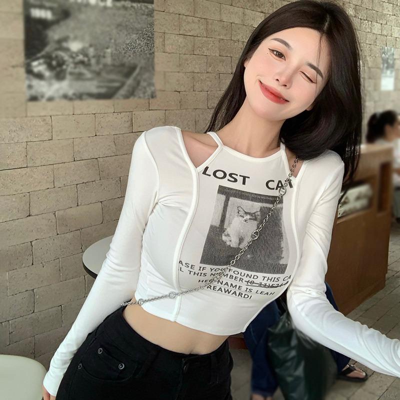 Áo thun lửng tay dài khoét vai gợi cảm cho nữ