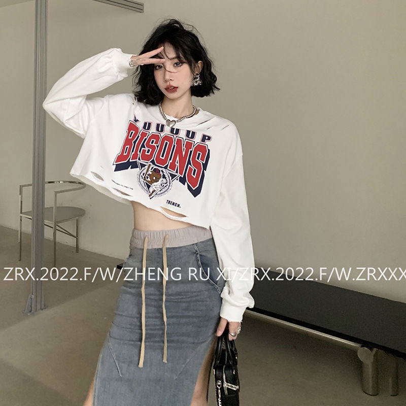 COZOKC COZOK Áo thun crop top COZOK tay dài in họa tiết chữ cái thời trang Hàn Quốc dành cho nữ