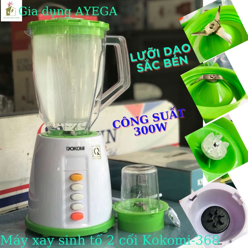 Máy xay sinh tố 2 cối Kokomi-368 nhựa kháng vỡ , 4 chế độ xay, hàng chính hãng loại 1.
