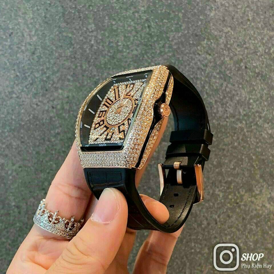 Đồng hồ đeo tay thời trang nam Franckmuller  dây da mạ vàng mặt vuông đính đá cao cấp chống nước chống xước | BigBuy360 - bigbuy360.vn
