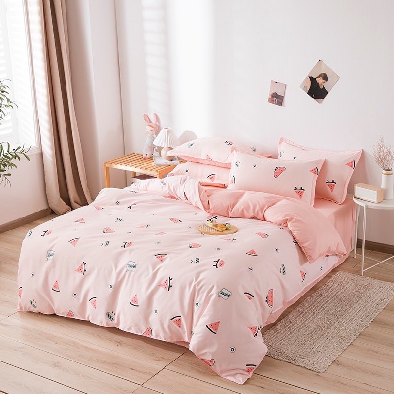 Chăn ga gối cotton poly đáng yêu - Mẫu dưa hấu hồng.