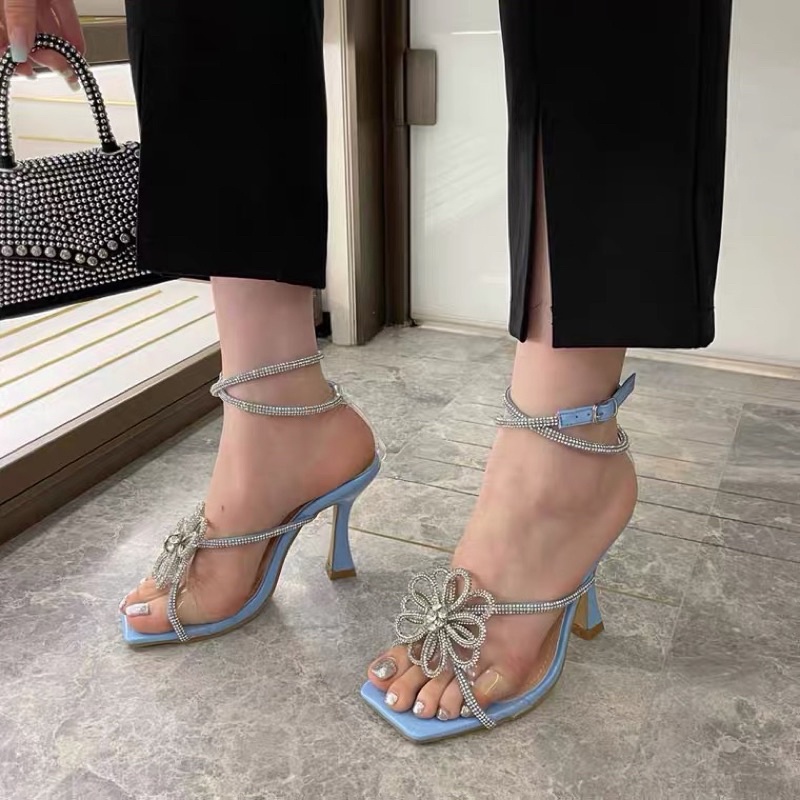 Sandals cao gót quai mảnh đính đá hình bông hoa sang chảnh 11 cm, hàng cao cấp