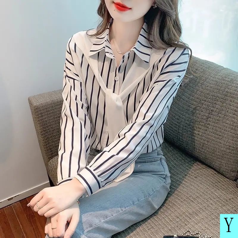 Áo Sơ Mi Tay Dài Dáng Rộng Giả Hai Lớp Kèm Khăn Choàng Họa Tiết Kẻ Sọc Thời Trang Xuân Thu 2022 Mới