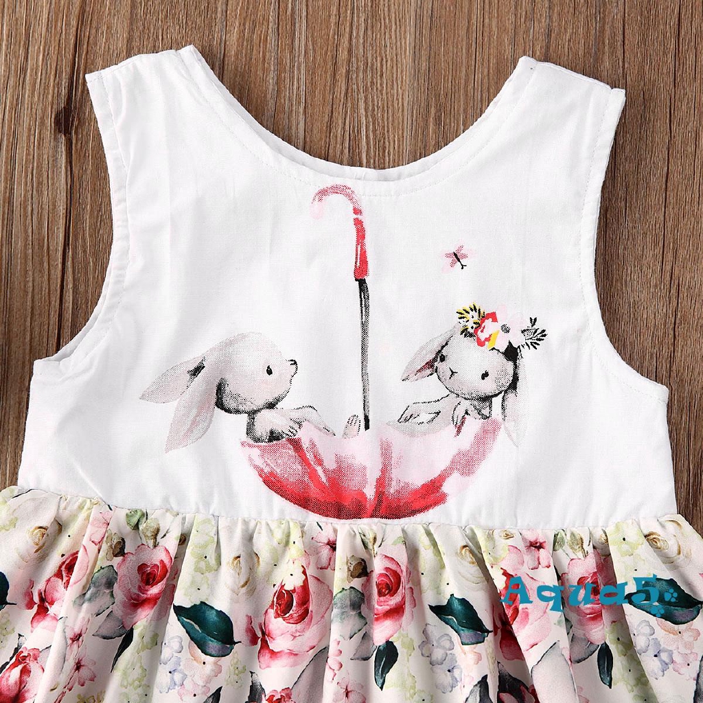 ✿ℛFashion Children´s Clothing Rabbit Print Sleeveless Round Neck Dress