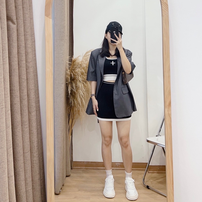 Set len áo chữ thập áo croptop và chân váy ngắn