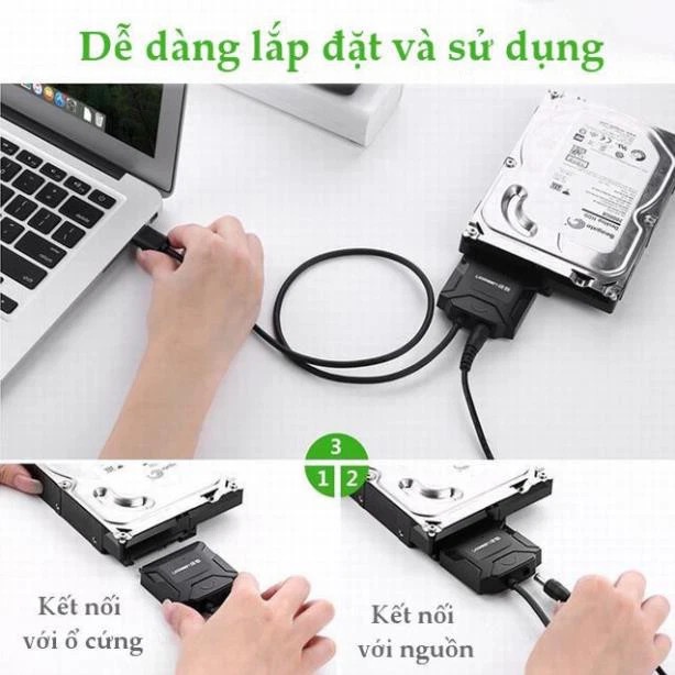 Cáp USB 3.0 to SATA Ugreen 20231 Chính Hãng(HDD,SSD 2.5-3.5 16TB+Adapeter 12V)