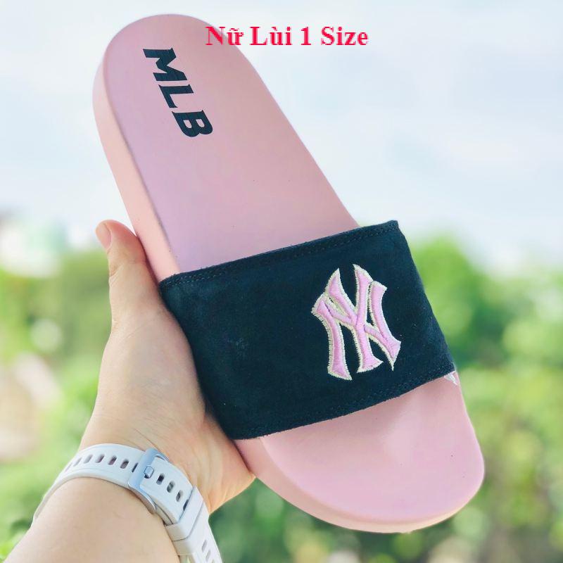 Dép unisex 𝐌𝐋𝐁 ❤️FREESHIP + Hộp❤️ dép mlb bóng chày quai ngang thể thao nữ in NY da lộn, đế ip bền, hồng-đen