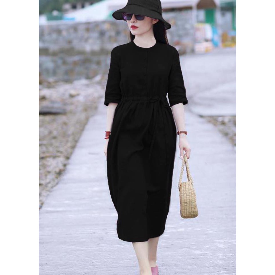 Đầm Linen rút eo, cổ tròn tôn dáng