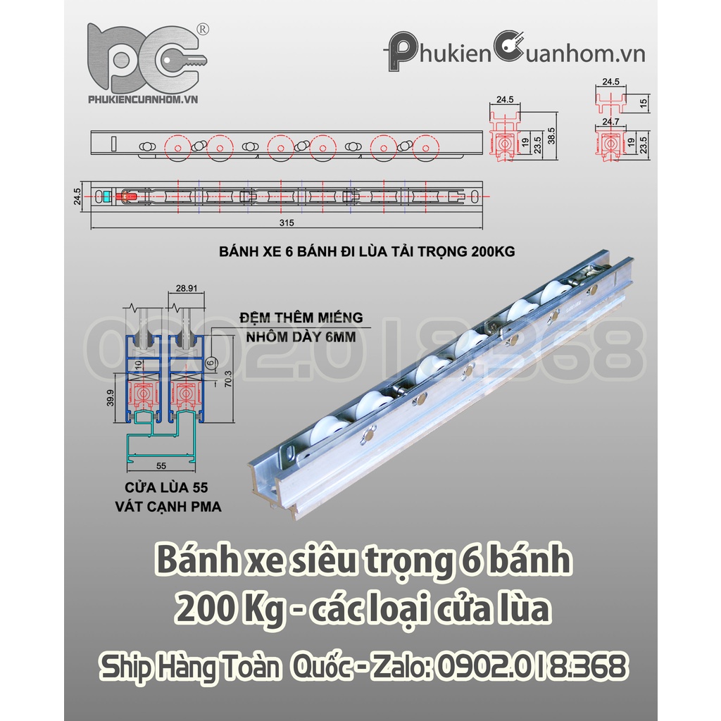 BÁNH XE 6 BÁNH CHỊU TẢI 200KG CHO CỬA ĐI LÙA