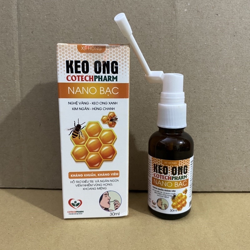XỊT HỌNG KEO ONG NANO BẠC - Chai 30ml -giảm ho ,đau ngứa rát họng - Xịt họng keo ong xanh - Xịt họng keo ong Cotechpharm