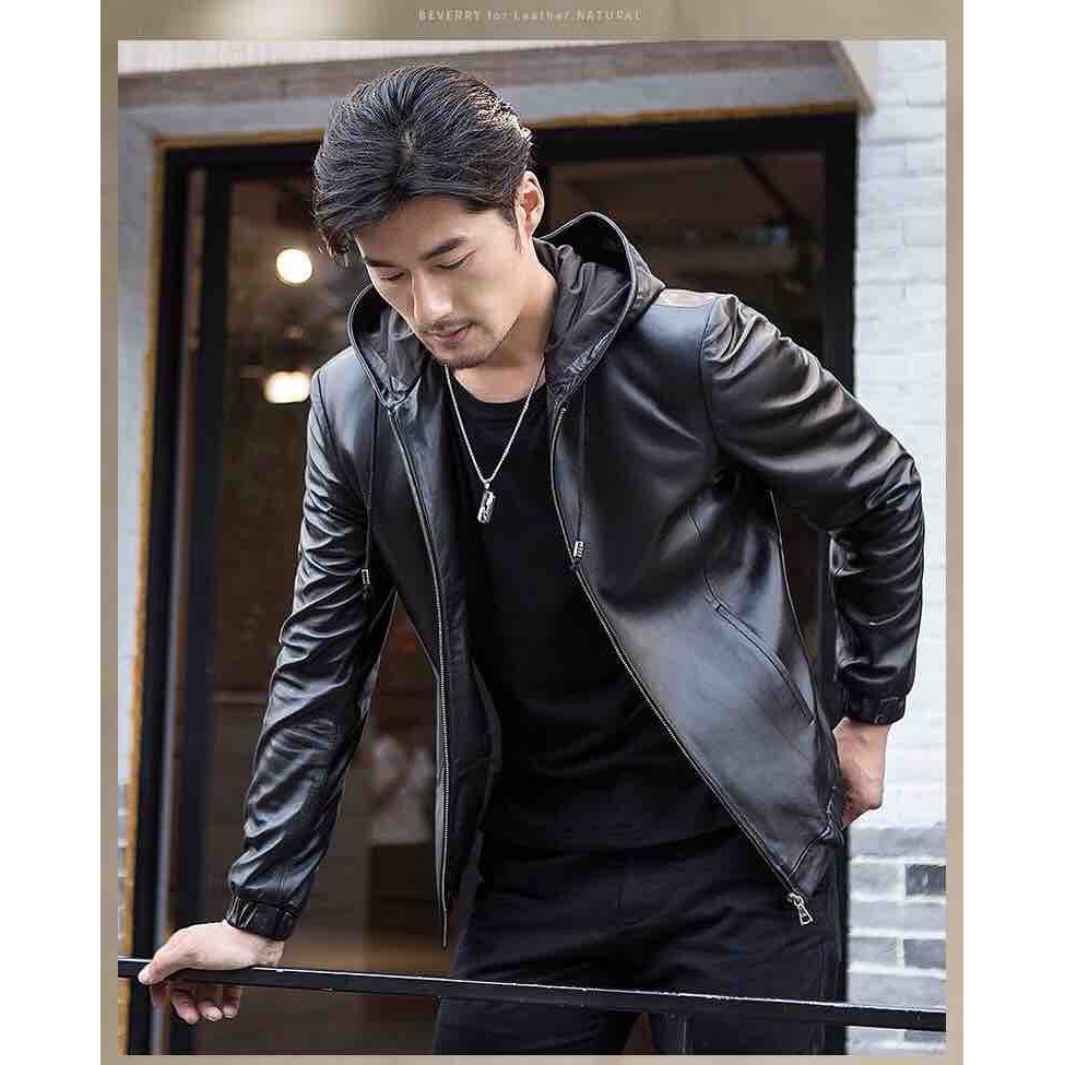 Áo Khoác Da Nam Trơn Lót Dù Phối Nón Cao Cấp ADN01