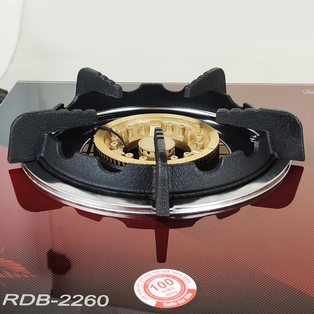 [Chính hãng] Bếp ga đôi kính cường lực Raiden RDB-2260 đầu đốt đồng 100mm, điếu gang đôi có hâm