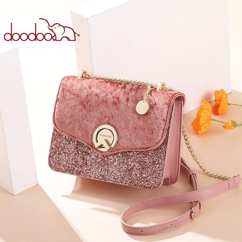 Túi xách nữ cao cấp DooDoo mặt đính kim tuyến sang trọng D8767
