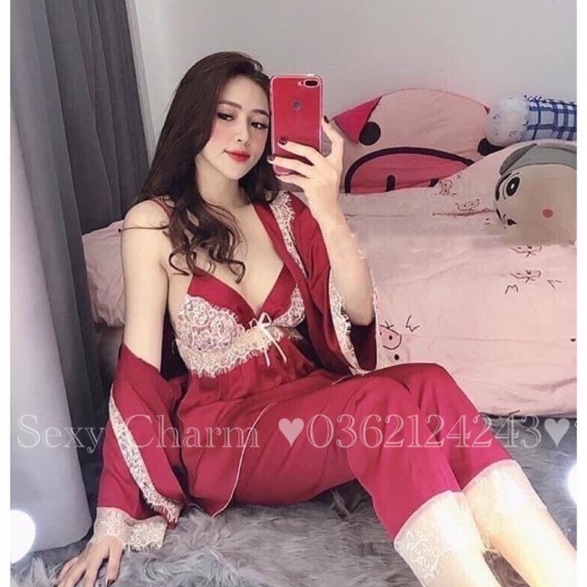 Sẵn Set đồ ngủ lụa cao cấp 2 dây mix quần dài phối ren tặng kèm áo áo choàng kimono satin cao cấp