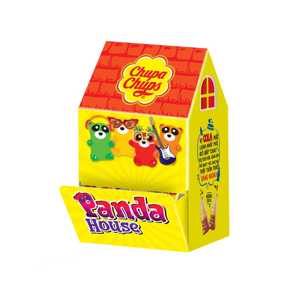 Kẹo dẻo Chupa Chups Panda House gồm 10 gói kẹo dẻo vị Cola và 10 gói kẹo dẻo vị Panda