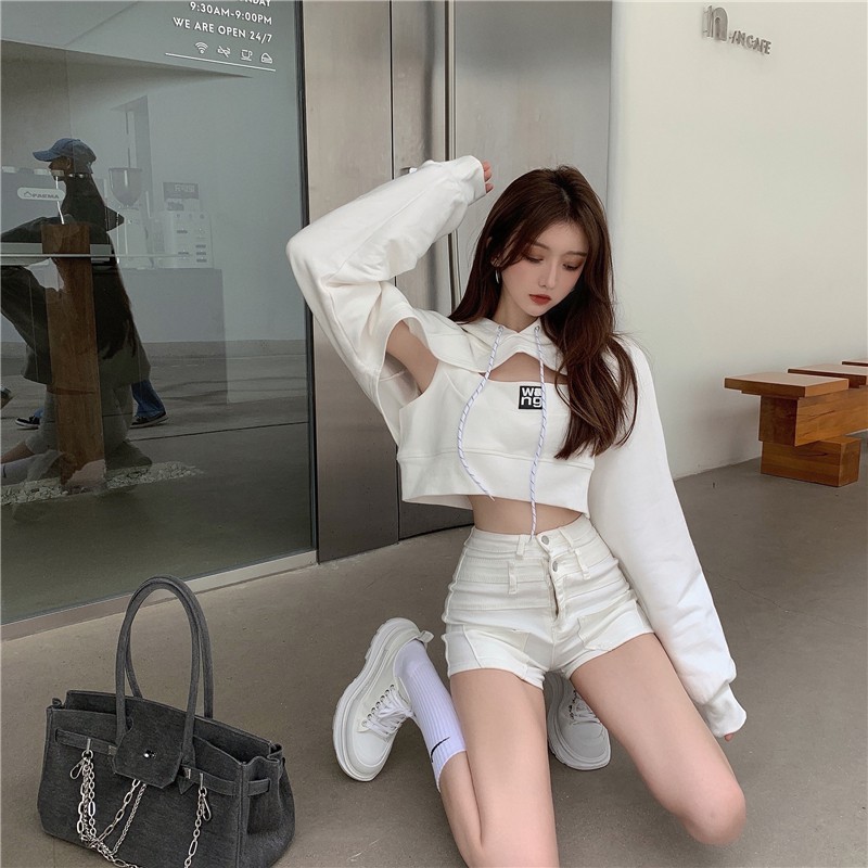 Áo Hoodie Croptop Tay Dài Form Rộng Kiểu Dáng Hợp Thời Trang