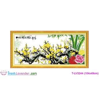 [T-LV3244]Tranh thêu chữ thập Hoa cỏ Mai khai phú quý (104x49cm)