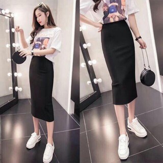 Chân váy bút chì sẻ sau dáng peplum dài 70cm