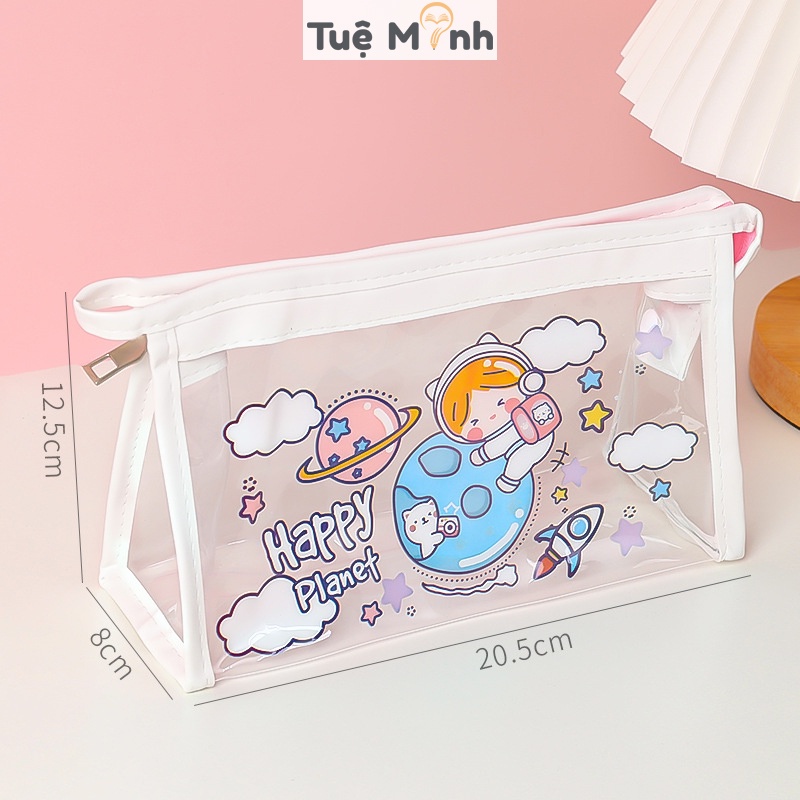 Hộp bút trong suốt hoạt hình K75 Bóp viết cute đựng mỹ phẩm VPP Tuệ Minh, văn phòng phẩm dễ thương