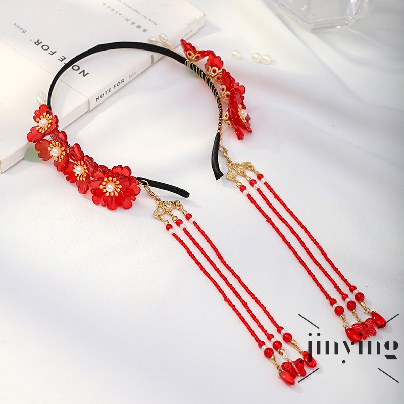 GETNOIVAS ❤S Wind Chinese Style Red Flowers Shape Hair Band Handmade Antique Hanfu Long Tassel Pendant Hanfu Retro Hair Decoration